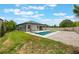 Backyard view of pool and patio with solar panels above the screened-in lanai at 1740 Standing Rock Cir, Oakland, FL 34787