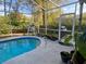 Enclosed pool area with a clear, blue pool, surrounding patio, and lush landscape at 19430 Sw 100Th Loop, Dunnellon, FL 34432