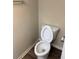Close-up of a toilet in a bathroom with wood-look flooring at 436 Hammerstone Ave, Haines City, FL 33844