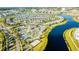 Aerial view of a Primary-planned community with resort-style pool and a winding waterway at 4530 Narrative Ln, Kissimmee, FL 34746