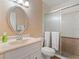 Well-lit bathroom features an oval mirror, a vanity, and a glass-enclosed shower at 5083 Eaglesmere Dr # A12, Orlando, FL 32819