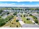 Expansive aerial view of a residential neighborhood showcases various homes, lush greenery, and a serene lake at 804 Glen Creek Ct, Fruitland Park, FL 34731