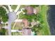 An aerial view shows the layout of the houses, yards, and pond at 2715 Wekiva Meadows Ct, Apopka, FL 32712