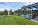 Lovely backyard pool area with covered screen enclosure and manicured lawn with great views of the community at 8113 Sun Palm Dr, Kissimmee, FL 34747