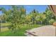 Backyard with stone patio, lush lawn, mature trees, and black metal fence outlining the backyard view at 15659 Carina Dr, Orlando, FL 32828