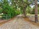 Gated entrance with a gravel driveway framed by mature trees and greenery, offering a private approach at 2193 County Road 204, Oxford, FL 34484