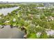 Stunning aerial view of a lakeside community featuring lush landscaping, swimming pools, and private boat docks at 2500 Lake Shore Dr, Orlando, FL 32803
