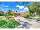 Charming home featuring a lush front yard with palm trees and a brick paver driveway at 217 Lake Cassidy Dr, Kissimmee, FL 34759