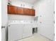 Well-equipped laundry room featuring modern washer and dryer with overhead cabinets at 217 Lake Cassidy Dr, Kissimmee, FL 34759