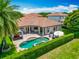 Aerial view of a private backyard with a pool, lounge, patio, and lush landscaping at 9942 Hatton Cir, Orlando, FL 32832