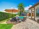 Relaxing backyard features a beautiful pool, umbrella-covered seating, and lush greenery at 9942 Hatton Cir, Orlando, FL 32832
