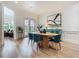Dining room with wood table, blue chairs, modern artwork, and view to backyard through glass doors at 9942 Hatton Cir, Orlando, FL 32832