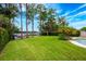 Well-maintained backyard features green grass, mature trees, and pool at 1018 Turner Rd, Winter Park, FL 32789