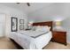 Comfortable bedroom featuring a queen bed, nightstands, lamps, and stylish decor at 3203 Oyster Ln, Kissimmee, FL 34747