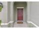 Front entrance with a dark wooden door framed by stucco at 7033 Oakwood St, Davenport, FL 33837