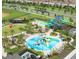 Aerial view of a resort waterpark with slides, splash pad, and lounge chairs at 9061 Dogleg Dr, Davenport, FL 33896
