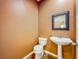 Cozy powder room with a pedestal sink, decorative mirror, and wood-look flooring at 13055 Overstreet Rd, Windermere, FL 34786