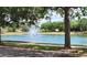 Scenic view of the community pond featuring a fountain surrounded by mature trees and green spaces at 13055 Overstreet Rd, Windermere, FL 34786