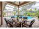 A covered patio with a table and chairs and an in-ground pool with an enclosure at 8704 Ingleton Ct, Orlando, FL 32836