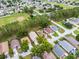 Neighborhood aerial view shows the house amid trees in a suburban community at 142 Stonegate Pass, Davenport, FL 33897