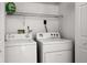 A bright laundry room features a washing machine, dryer, and overhead storage space for detergent and laundry supplies at 142 Stonegate Pass, Davenport, FL 33897