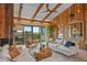 Inviting living room with wood paneled walls and vaulted ceilings leads to an ocean view balcony at 4365 S Atlantic Ave # B8, New Smyrna Beach, FL 32169