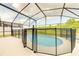 Enclosed pool with lake view and black aluminum fence at 4700 Prairie Point Blvd, Kissimmee, FL 34746