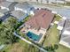 Drone shot showcases a home with an in-ground pool and mature landscaping providing a private backyard space at 5018 Tupelo Ct, Minneola, FL 34715