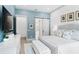 Stylish primary bedroom with blue walls, white accents, and plenty of natural light at 507 S Pine St, New Smyrna Beach, FL 32169