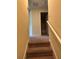 Carpeted staircase with white handrail leading to the upstairs landing and bathroom at 11187 Savannah Landing Cir, Orlando, FL 32832