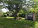 A spacious backyard featuring lush green grass, mature trees providing shade, and a convenient storage shed at 2103 Mantilla Ave, Orlando, FL 32811