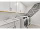 Well-equipped laundry room with modern washer and dryer, sink, and ample storage space at 2340 Standing Rock Cir, Oakland, FL 34787