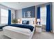 Well-lit bedroom with a comfortable bed, stylish lamps, and bright blue accents at 3004 Protagonist St, Kissimmee, FL 34746