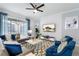 Comfortable living room featuring a textured wall, large windows and blue themed decorative accents at 3004 Protagonist St, Kissimmee, FL 34746