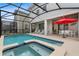 Backyard pool with a screened enclosure, patio furniture, and a red umbrella at 3004 Protagonist St, Kissimmee, FL 34746