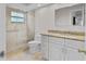 Bright bathroom with walk-in shower, granite counters, and modern white vanity at 6766 Edgeworth Dr, Orlando, FL 32819