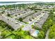 A wide aerial shot displays a residential neighborhood near a lake, showcasing townhomes and a community pool at 449 Cruz Bay Cir, Winter Springs, FL 32708