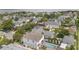 Aerial view showcasing a home with a private pool, patio, and lush green landscaping in a cozy neighborhood at 859 Easley Ave, Winter Garden, FL 34787