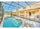 The backyard features a screened-in pool and spa, along with a covered patio, perfect for outdoor relaxation and entertainment at 8622 La Isla Dr, Kissimmee, FL 34747
