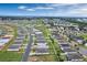 Wide aerial view showcasing a residential neighborhood with modern homes and manicured lawns under a partly cloudy sky at 928 Pearlwood Loop, Eagle Lake, FL 33839