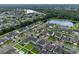 Aerial view of the community showcasing the neighborhood layout, homes, and a picturesque pond at 10078 Hampshire Oaks Dr, Orlando, FL 32825