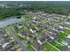 Aerial view of the community showcasing the neighborhood layout, homes, and a picturesque pond at 10078 Hampshire Oaks Dr, Orlando, FL 32825
