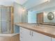 Bathroom featuring bright blue walls, a glass shower, and a marble-style vanity with a large mirror at 1721 Perch Ln, Sanford, FL 32771