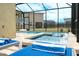 Relaxing screened-in pool area with a hot tub, basketball hoop, and comfortable lounge chairs and a great view at 2924 Protagonist St, Kissimmee, FL 34746