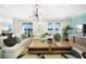 Spacious living room with modern lighting, large windows offering water views, and stylish decor at 5550 Sabal Dr, St Cloud, FL 34771