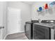 Functional laundry room equipped with modern washer, dryer, and storage shelving at 3956 Shadowind Way, Gotha, FL 34734