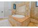 Bathroom showcasing a luxurious marble-enclosed tub with stylish fixtures and natural light at 11103 Bridge House Rd, Windermere, FL 34786