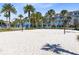Community sand volleyball court with a blue net, surrounded by palm trees and nearby residences at 13334 Beebe Aly, Orlando, FL 32827