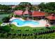 Overhead view of community pool, clubhouse, tennis courts, and surrounding landscape at 234 Afton Sq # 305, Altamonte Springs, FL 32714