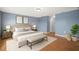 Comfortable main bedroom with blue walls, wood floors, and ample space, complemented by stylish decor at 442 Churchill Ct, Kissimmee, FL 34759